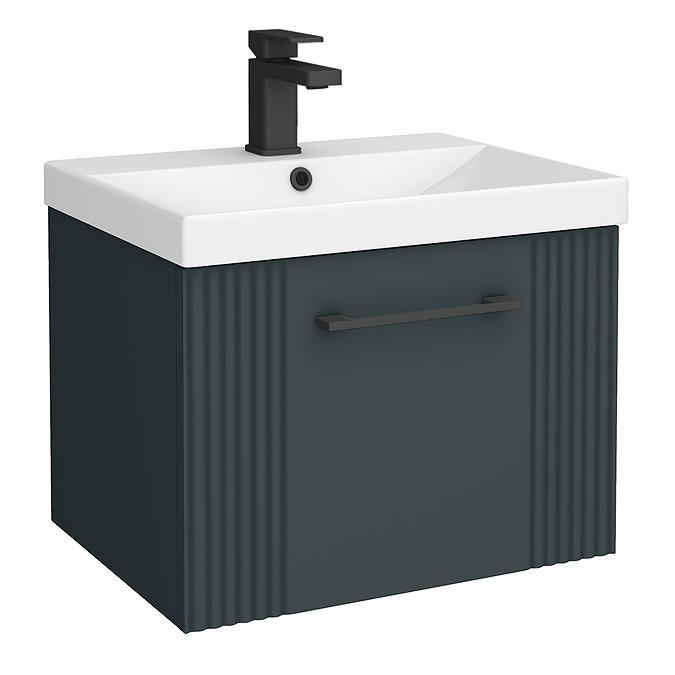 Roxbury Deco Fluted 500mm Anthracite Grey Vanity Unit - Wall Hung Single Drawer Unit with Matt Black Handle