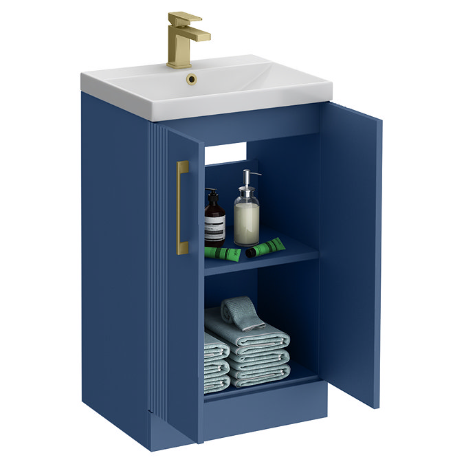 Roxbury Deco Fluted 500mm Blue Vanity Unit - Floor Standing 2 Door Unit With Brushed Brass Handles