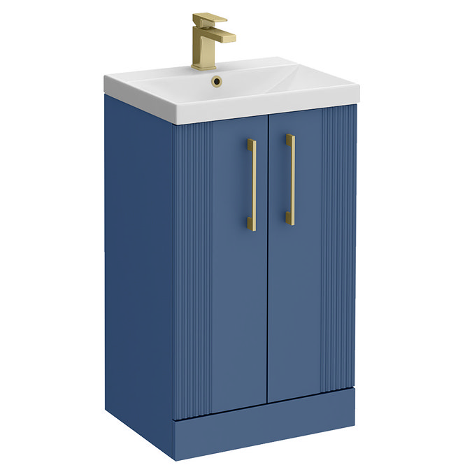 Roxbury Deco Fluted 500mm Blue Vanity Unit - Floor Standing 2 Door Unit With Brushed Brass Handles