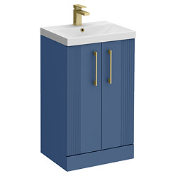 Roxbury Deco Fluted 500mm Blue Vanity Unit - Floor Standing 2 Door Unit With Brushed Brass Handles