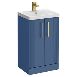 Roxbury Deco Fluted 500mm Blue Vanity Unit - Floor Standing 2 Door Unit With Brushed Brass Handles
