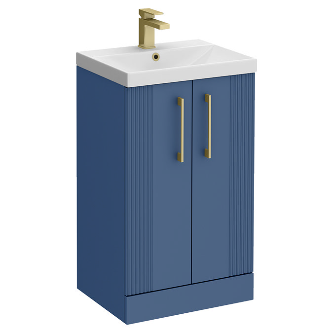 Roxbury Deco Fluted 500mm Blue Vanity Unit - Floor Standing 2 Door Unit With Brushed Brass Handles