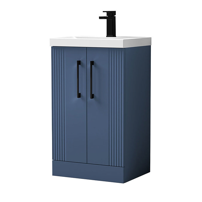 Roxbury Deco Fluted 500mm Blue Vanity Unit - Floor Standing 2 Door Unit with Matt Black Handles