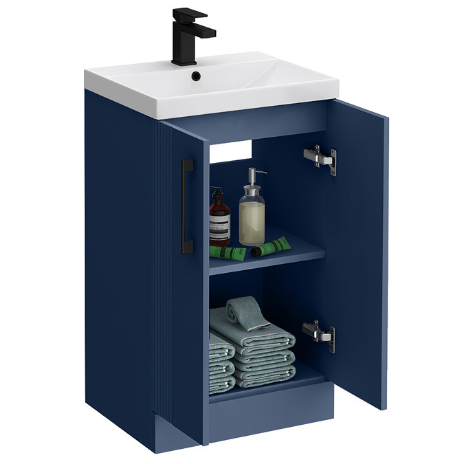 Roxbury Deco Fluted 500mm Blue Vanity Unit - Floor Standing 2 Door Unit with Matt Black Handles