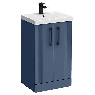 Roxbury Deco Fluted 500mm Blue Vanity Unit - Floor Standing 2 Door Unit with Matt Black Handles