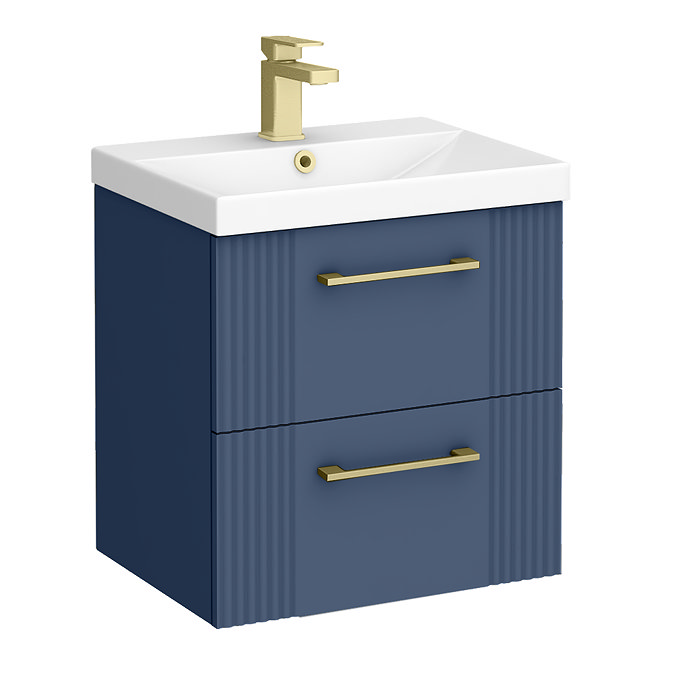 Roxbury Deco Fluted 500mm Blue Vanity Unit - Wall Hung 2-Drawer Unit with Brushed Brass Handles