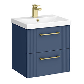 Roxbury Deco Fluted 500mm Blue Vanity Unit - Wall Hung 2-Drawer Unit with Brushed Brass Handles