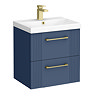 Roxbury Deco Fluted 500mm Blue Vanity Unit - Wall Hung 2-Drawer Unit with Brushed Brass Handles