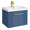 Roxbury Deco Fluted 500mm Blue Vanity Unit - Wall Hung 1-Drawer Unit with Brushed Brass Handle