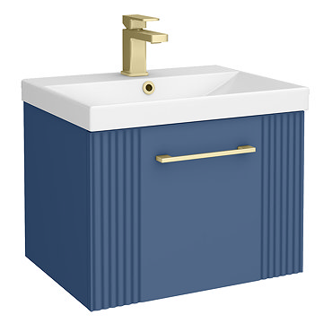 Roxbury Deco Fluted 500mm Blue Vanity Unit - Wall Hung 1-Drawer Unit with Brushed Brass Handle