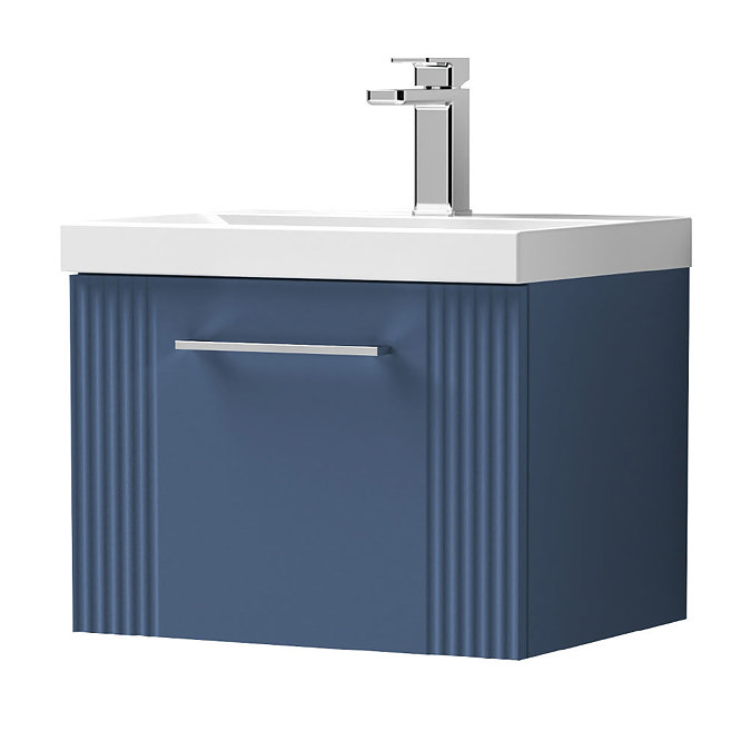 Roxbury Deco Fluted 500mm Blue Vanity Unit - Wall Hung Single Drawer Unit with Chrome Handle