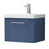 Roxbury Deco Fluted 500mm Blue Vanity Unit - Wall Hung Single Drawer Unit with Chrome Handle