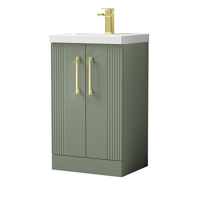 Roxbury Deco Fluted 500mm Green Vanity Unit - Floor Standing 2 Door Unit with Brushed Brass Handles