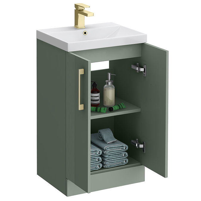 Roxbury Deco Fluted 500mm Green Vanity Unit - Floor Standing 2 Door Unit with Brushed Brass Handles