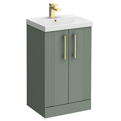 Roxbury Deco Fluted 500mm Green Vanity Unit - Floor Standing 2 Door Unit with Brushed Brass Handles