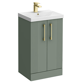 Roxbury Deco Fluted 500mm Green Vanity Unit - Floor Standing 2 Door Unit with Brushed Brass Handles