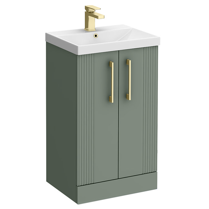 Roxbury Deco Fluted 500mm Green Vanity Unit - Floor Standing 2 Door Unit with Brushed Brass Handles