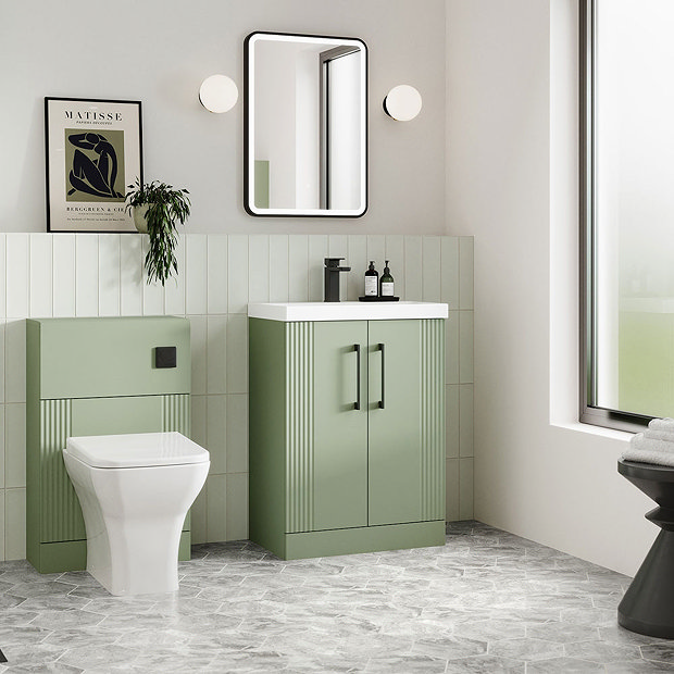 Roxbury Deco Fluted 500mm Green Vanity Unit Floor Standing 2 Door Unit with Chrome Handles