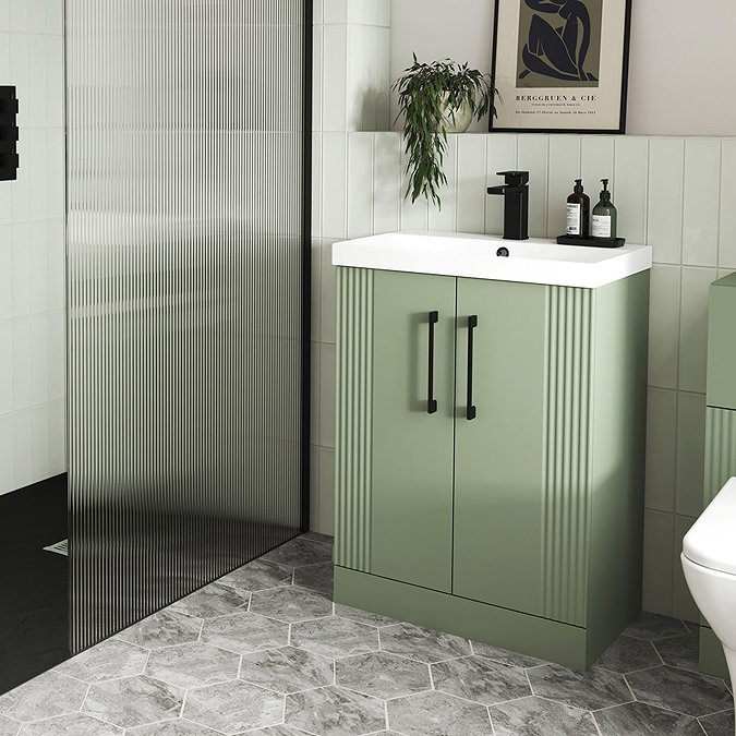 Roxbury Deco Fluted 500mm Green Vanity Unit - Floor Standing 2 Door Unit with Chrome Handles  In Bathroom Large Image