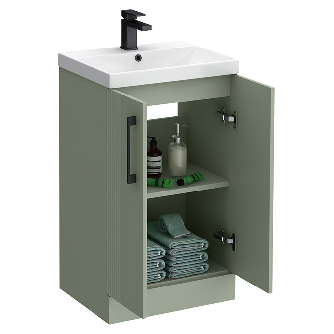 Roxbury Deco Fluted 500mm Green Vanity Unit - Floor Standing 2 Door Unit with Matt Black Handles