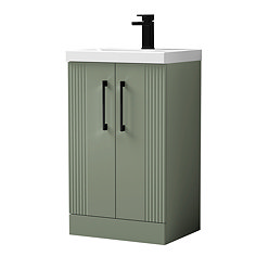 Roxbury Deco Fluted 500mm Green Vanity Unit - Floor Standing 2 Door Unit with Matt Black Handles Lar
