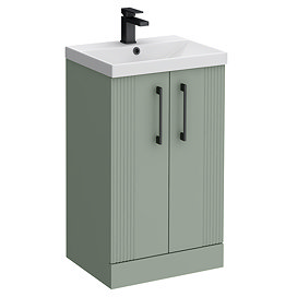 Roxbury Deco Fluted 500mm Green Vanity Unit - Floor Standing 2 Door Unit with Matt Black Handles