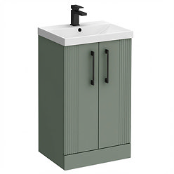 Roxbury Deco Fluted 500mm Green Vanity Unit - Floor Standing 2 Door Unit with Matt Black Handles