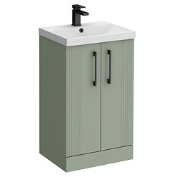 Roxbury Deco Fluted 500mm Green Vanity Unit - Floor Standing 2 Door Unit with Matt Black Handles