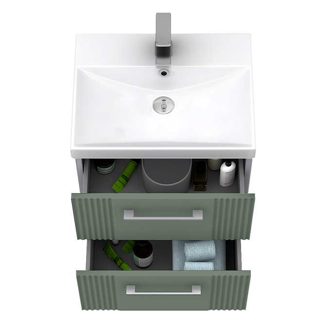 Roxbury Deco Fluted 500mm Green Vanity Unit - Wall Hung 2-Drawer Unit & Chrome Handles