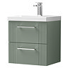 Roxbury Deco Fluted 500mm Green Vanity Unit - Wall Hung 2-Drawer Unit & Chrome Handles