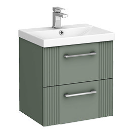 Roxbury Deco Fluted 500mm Green Vanity Unit - Wall Hung 2-Drawer Unit & Chrome Handles