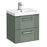 Roxbury Deco Fluted 500mm Green Vanity Unit - Wall Hung 2-Drawer Unit & Chrome Handles