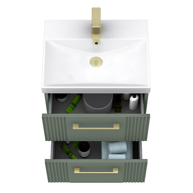 Roxbury Deco Fluted 500mm Green Vanity Unit - Wall Hung 2-Drawer Unit & Brushed Brass Handles
