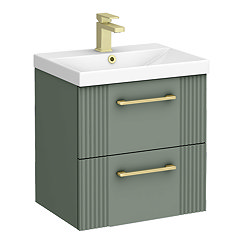 Roxbury Deco Fluted 500mm Green Vanity Unit - Wall Hung 2-Drawer Unit & Brushed Brass Handles