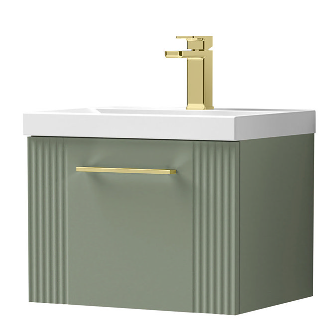 Roxbury Deco Fluted 500mm Green Vanity Unit - Wall Hung 1-Drawer Unit with Brushed Brass Handle