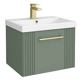 Roxbury Deco Fluted 500mm Green Vanity Unit - Wall Hung 1-Drawer Unit with Brushed Brass Handle