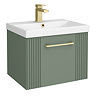 Roxbury Deco Fluted 500mm Green Vanity Unit - Wall Hung 1-Drawer Unit with Brushed Brass Handle