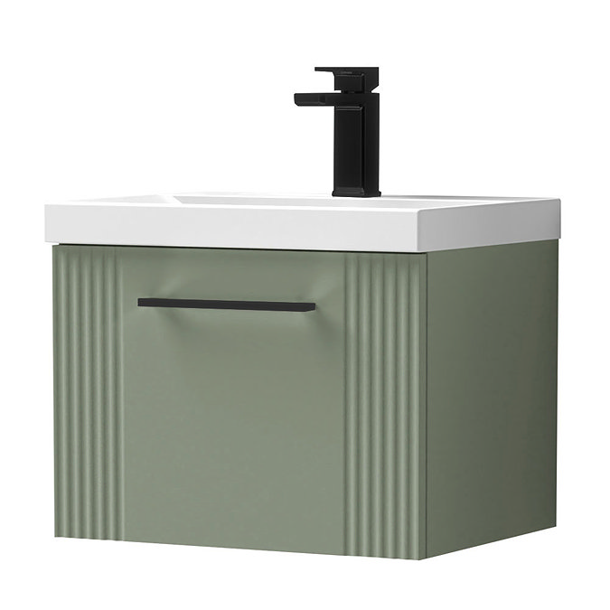 Roxbury Deco Fluted 500mm Green Vanity Unit - Wall Hung Single Drawer Unit with Matt Black Handle