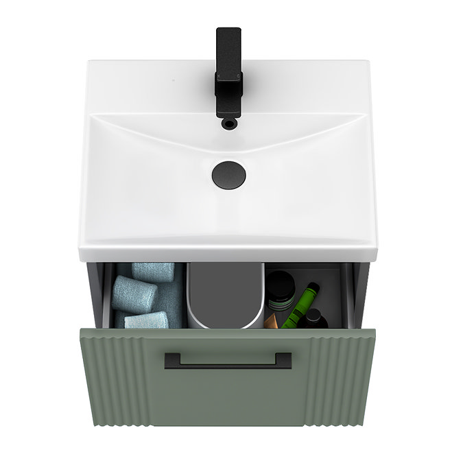 Roxbury Deco Fluted 500mm Green Vanity Unit - Wall Hung Single Drawer Unit with Matt Black Handle