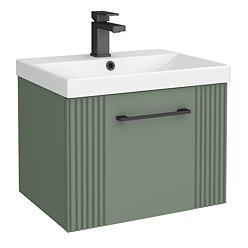 Roxbury Deco Fluted 500mm Green Vanity Unit - Wall Hung Single Drawer Unit with Matt Black Handle