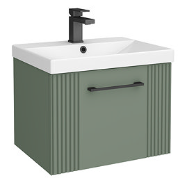 Roxbury Deco Fluted 500mm Green Vanity Unit - Wall Hung Single Drawer Unit with Matt Black Handle