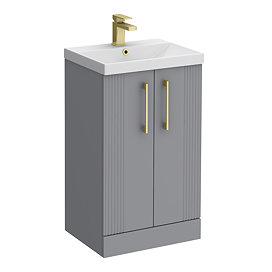 Roxbury Deco Fluted 500mm Grey Vanity Unit - Floor Standing 2 Door Unit With Brushed Brass Handles