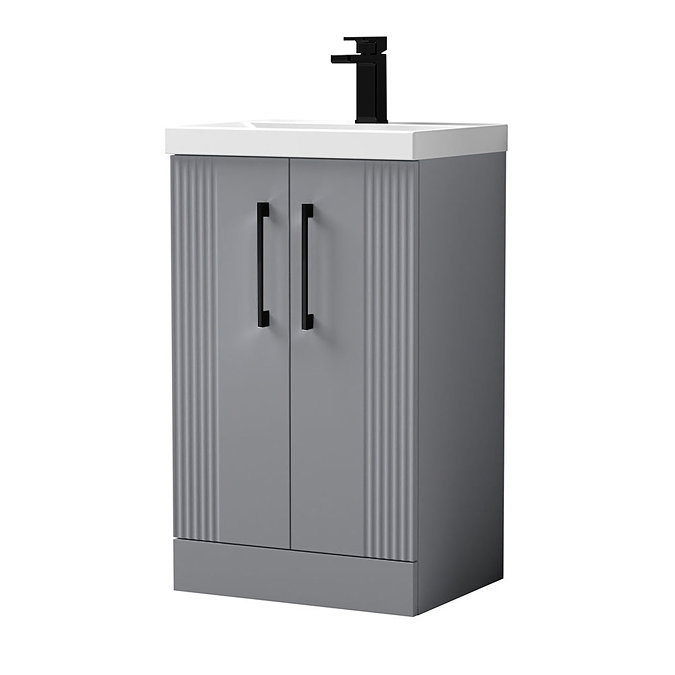Roxbury Deco Fluted 500mm Grey Vanity Unit - Floor Standing 2 Door Unit with Matt Black Handles