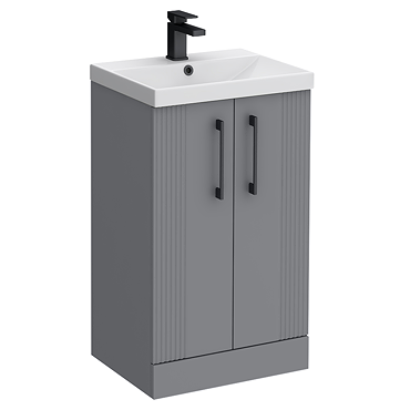 Roxbury Deco Fluted 500mm Grey Vanity Unit - Floor Standing 2 Door Unit with Matt Black Handles  Profile Large Image