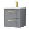 Roxbury Deco Fluted 500mm Grey Vanity Unit - Wall Hung 2-Drawer Unit & Brushed Brass Handles