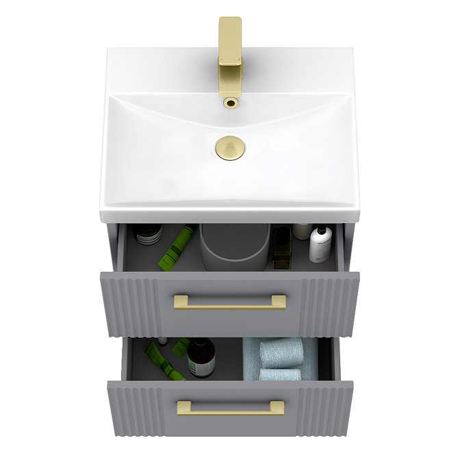 Roxbury Deco Fluted 500mm Grey Vanity Unit - Wall Hung 2-Drawer Unit & Brushed Brass Handles