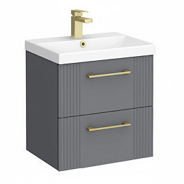 Roxbury Deco Fluted 500mm Grey Vanity Unit - Wall Hung 2-Drawer Unit & Brushed Brass Handles