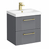 Roxbury Deco Fluted 500mm Grey Vanity Unit - Wall Hung 2-Drawer Unit & Brushed Brass Handles