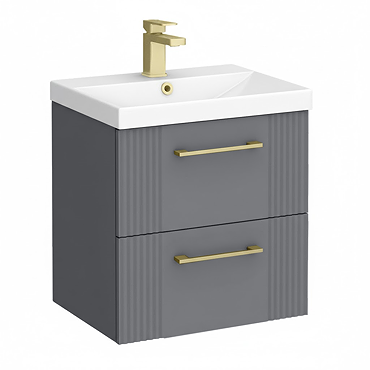 Roxbury Deco Fluted 500mm Grey Vanity Unit - Wall Hung 2-Drawer Unit & Brushed Brass Handles