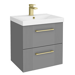 Roxbury Deco Fluted 500mm Grey Vanity Unit - Wall Hung 2-Drawer Unit & Brushed Brass Handles
